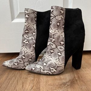 Lulu’s snake print heels black suede and black and white faux snake skin pumps